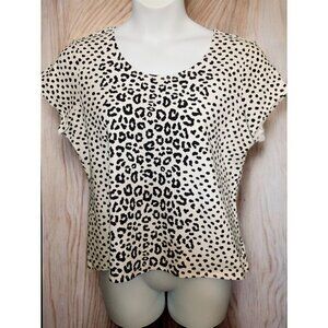 Ruby Rd Women Petite White Black Leopard Print Short Sleeve Stretch Top NEW PXL